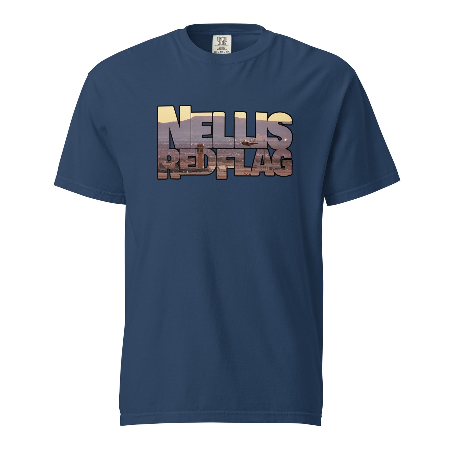 This shirt features an image of an F-35 taking off from Nellis Air Force Base contained inside of the words "Nellis Red Flag"