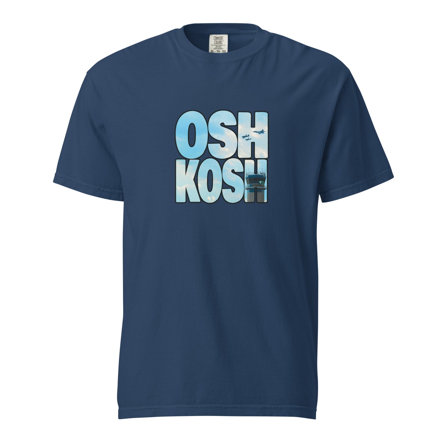 This shirt features an image of a heritage flight over the tower at Wittman Regional Airport contained inside of the word "Oshkosh"