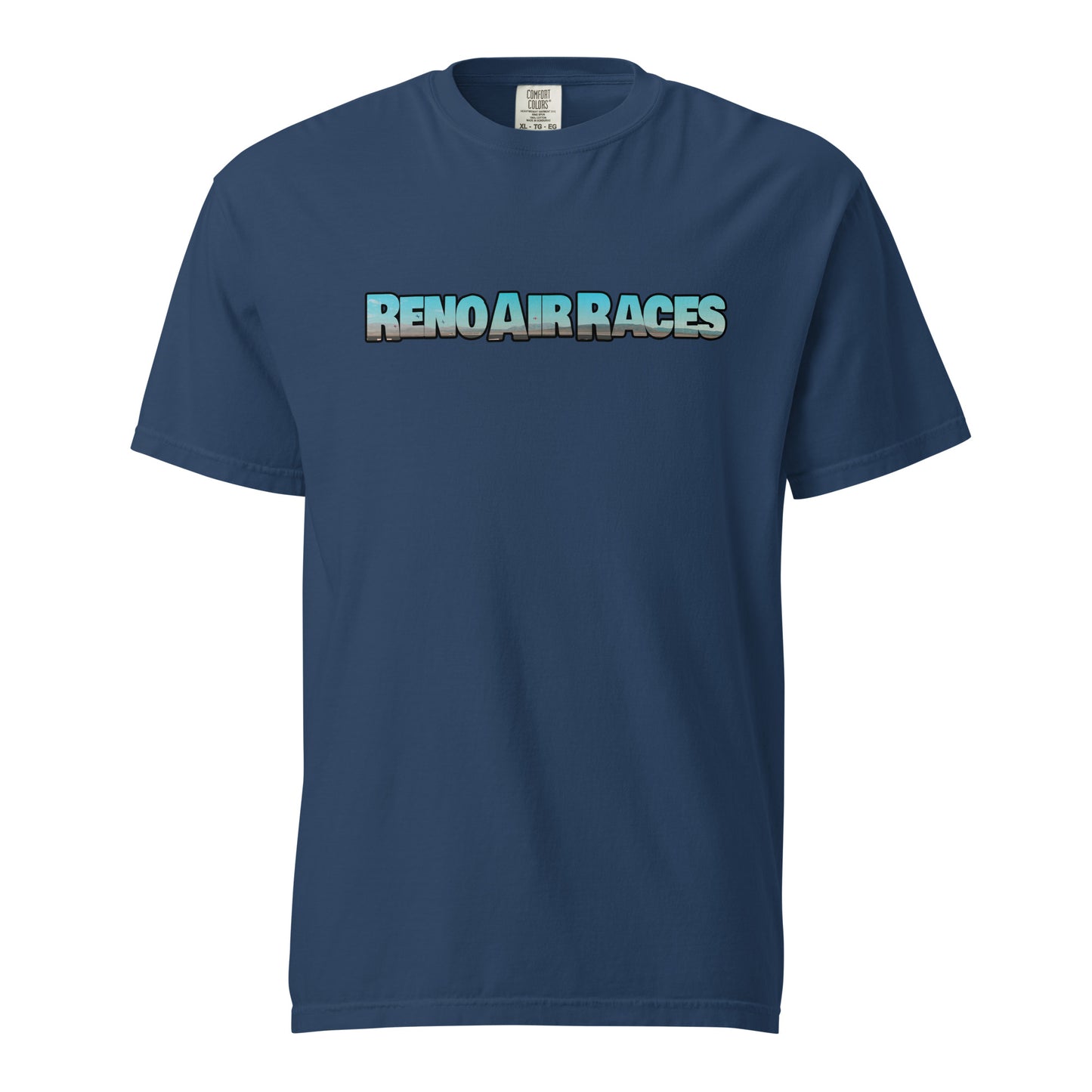 This shirt features an image of an air race at Reno Stead Airport contained inside of the words "Reno Air Races"