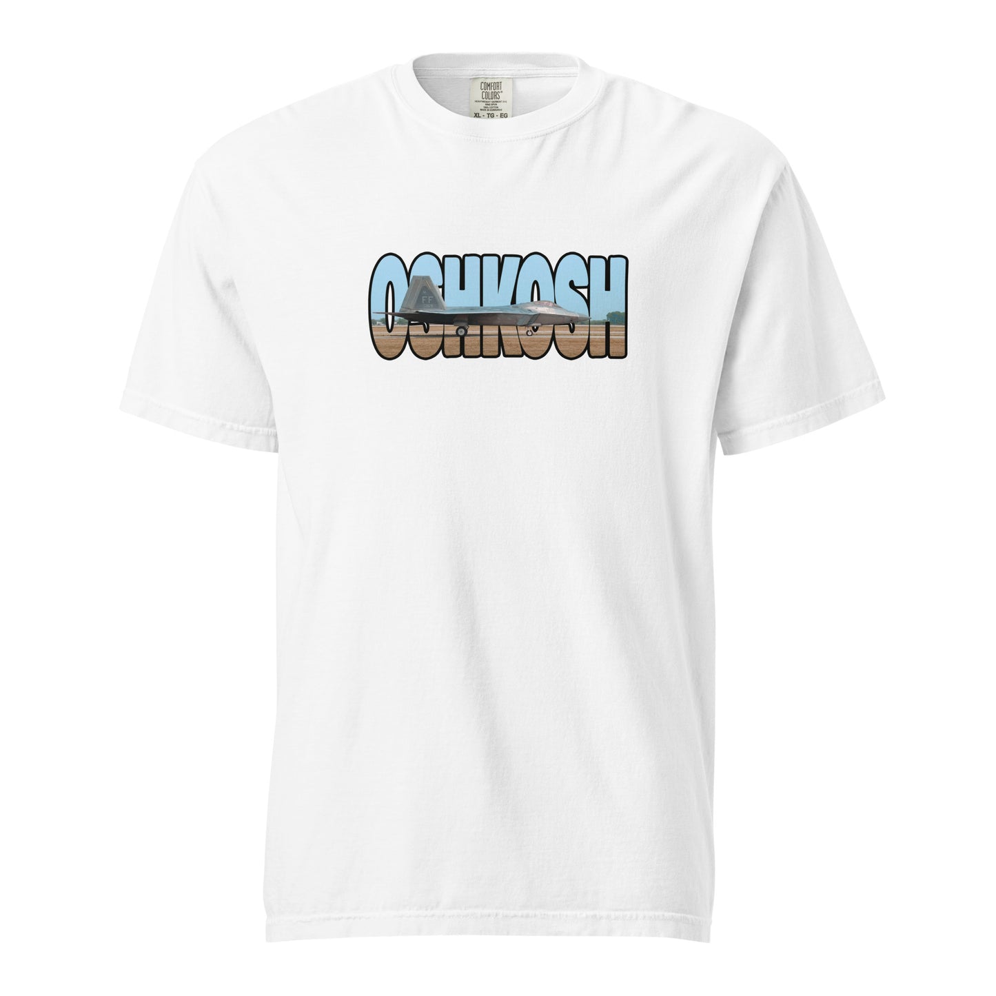 This shirt features an image of an F-22 taxiing at Wittman Regional Airport contained inside of the word "Oshkosh"