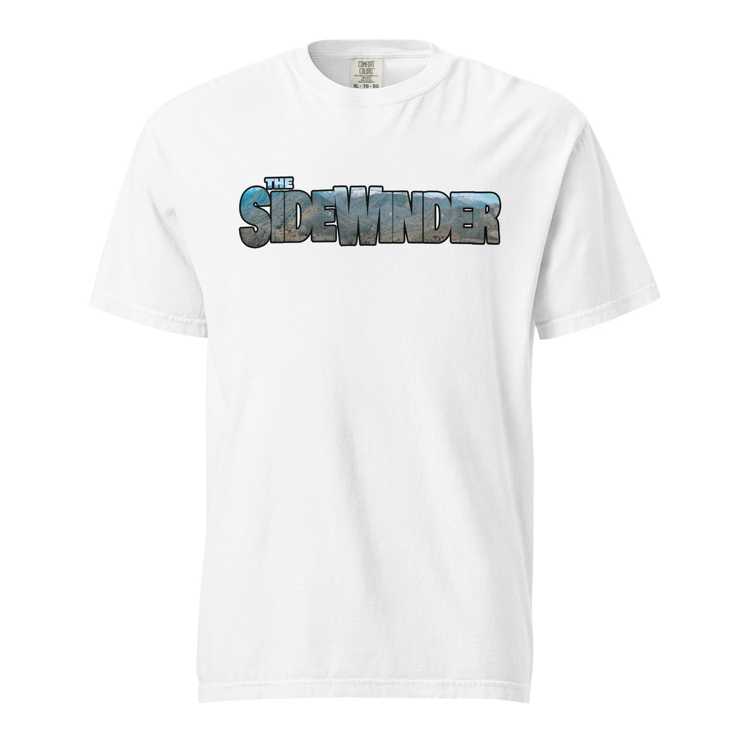 This shirt features an image of a an F-35 performing a low level pass through mountains contained inside of the words "The Sidewinder"