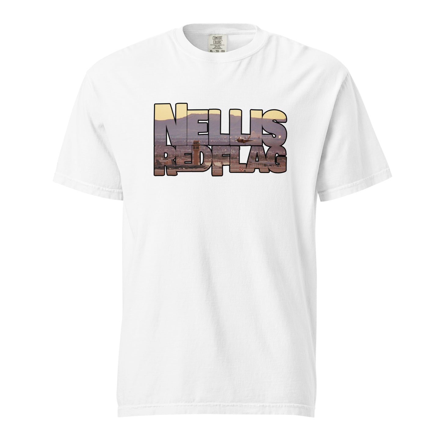 This shirt features an image of an F-35 taking off from Nellis Air Force Base contained inside of the words "Nellis Red Flag"