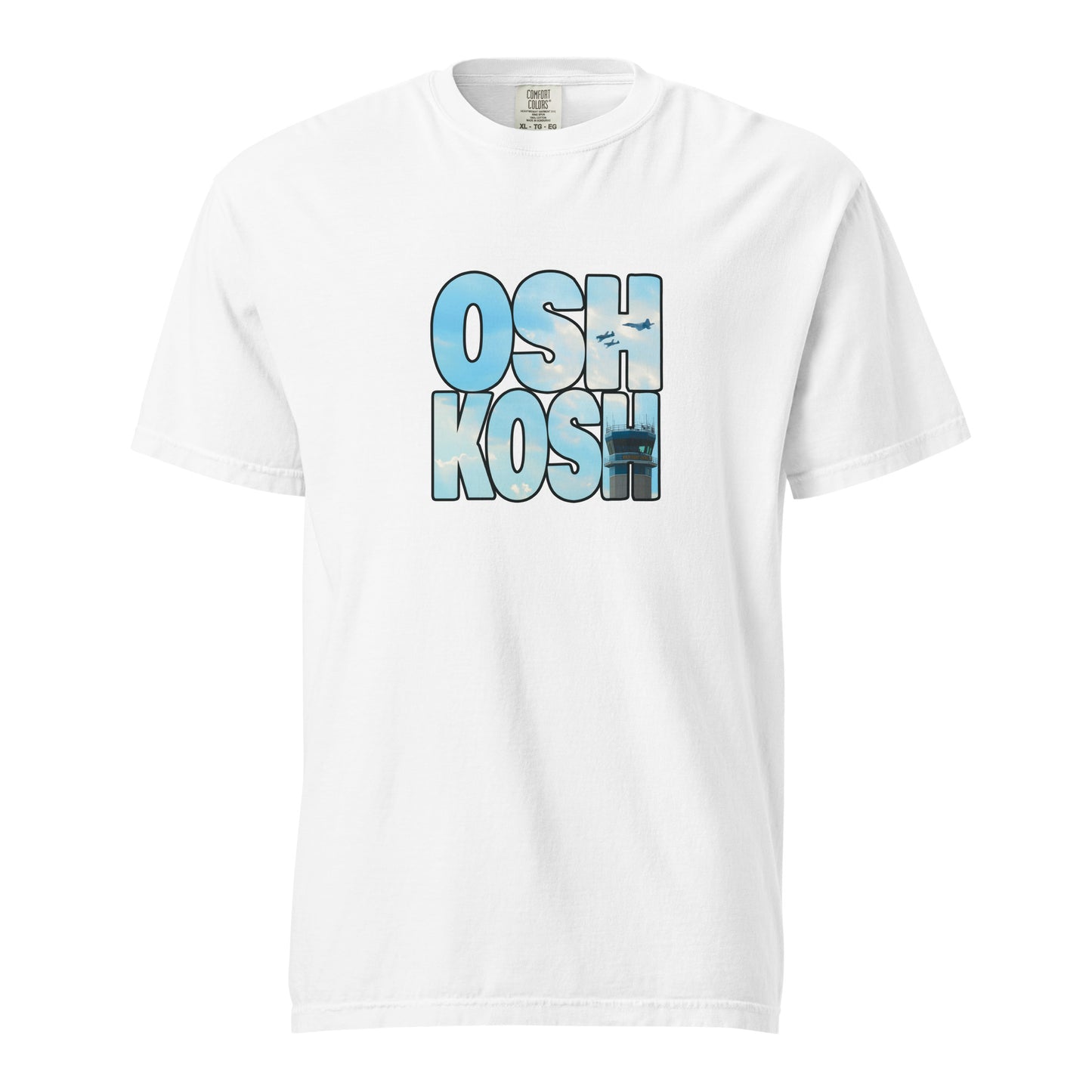 This shirt features an image of a heritage flight over the tower at Wittman Regional Airport contained inside of the word "Oshkosh"