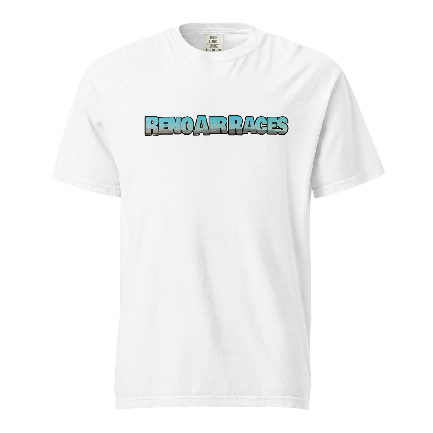 This shirt features an image of an air race at Reno Stead Airport contained inside of the words "Reno Air Races"