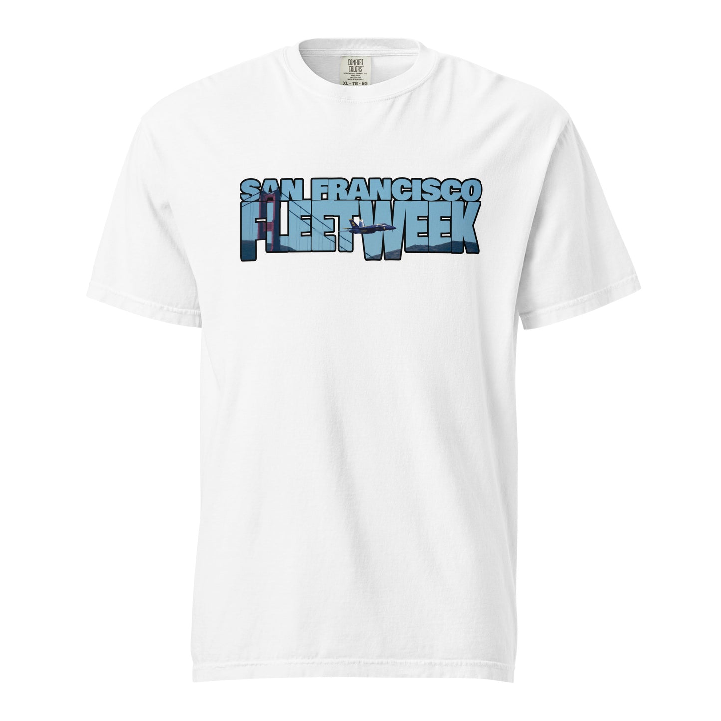 This shirt features an image of a Blue Angel flying past the Golden Gate Bridge contained inside of the words "San Francisco Fleet Week"