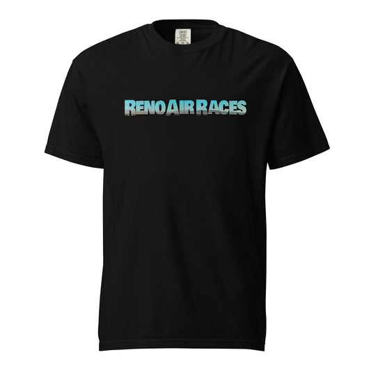 This shirt features an image of an air race at Reno Stead Airport contained inside of the words "Reno Air Races"