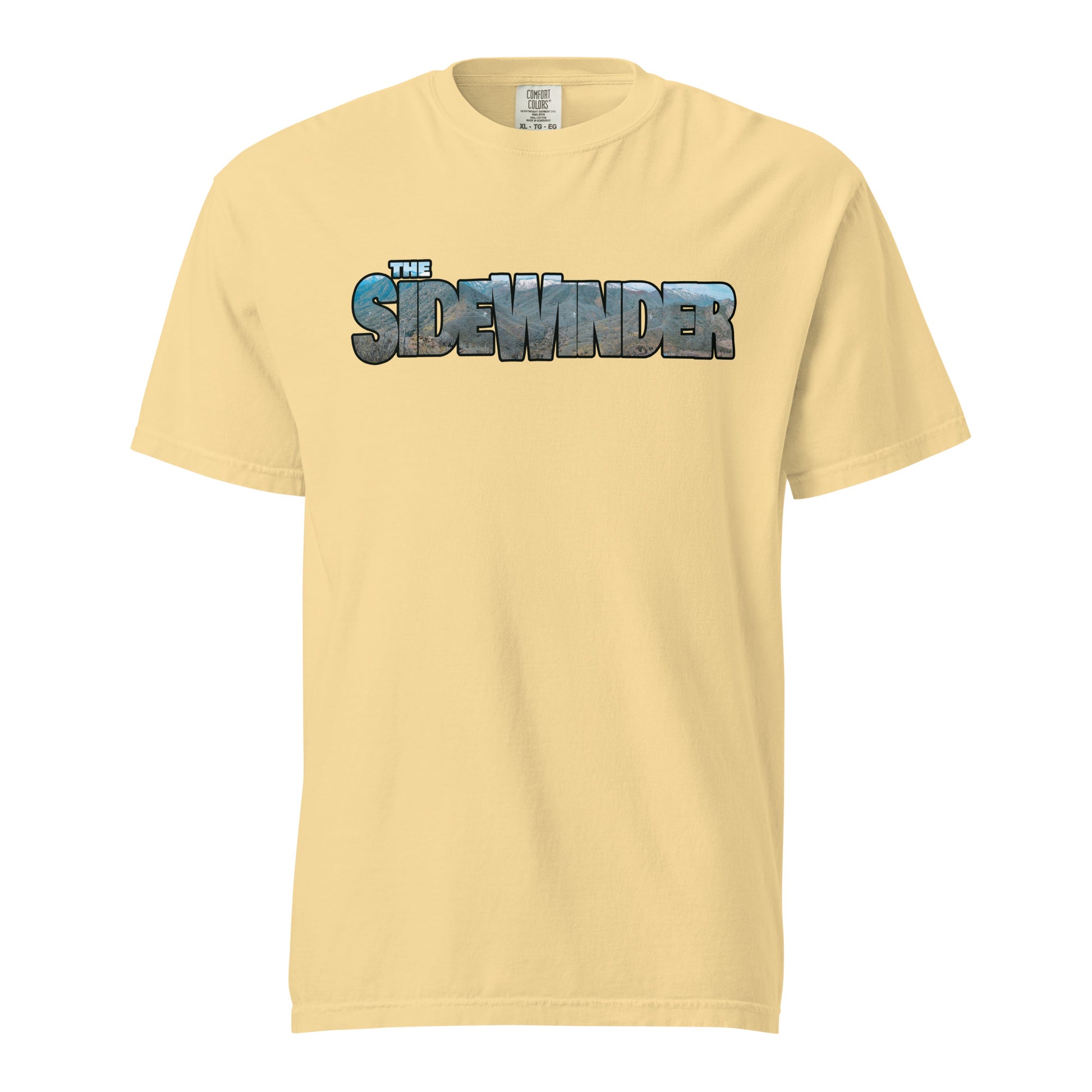 This shirt features an image of a an F-35 performing a low level pass through mountains contained inside of the words "The Sidewinder"