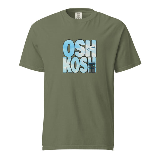 This shirt features an image of a heritage flight over the tower at Wittman Regional Airport contained inside of the word "Oshkosh"