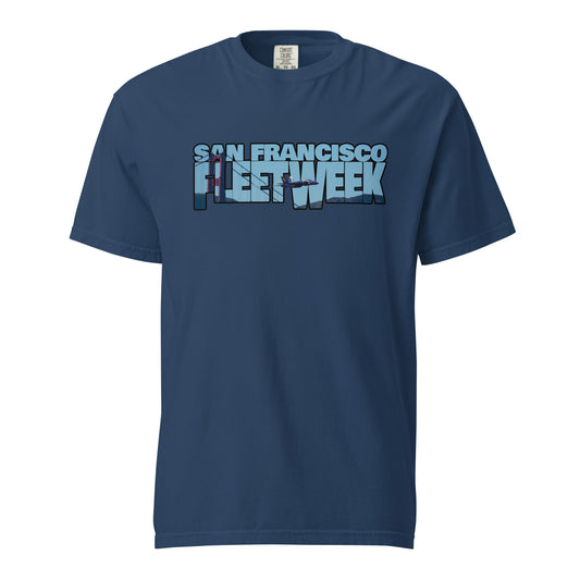 This shirt features an image of a Blue Angel flying past the Golden Gate Bridge contained inside of the words "San Francisco Fleet Week"